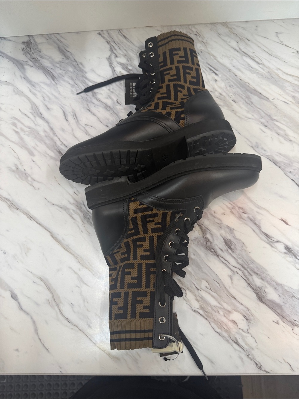 Fendi Black Leather Combat Boots with Brown FF Knit Cuff - Picture 6 of 6